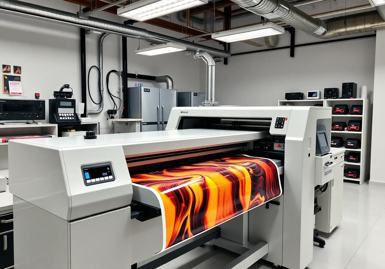 Industrial DTF printer producing a vibrant transfer in a print studio