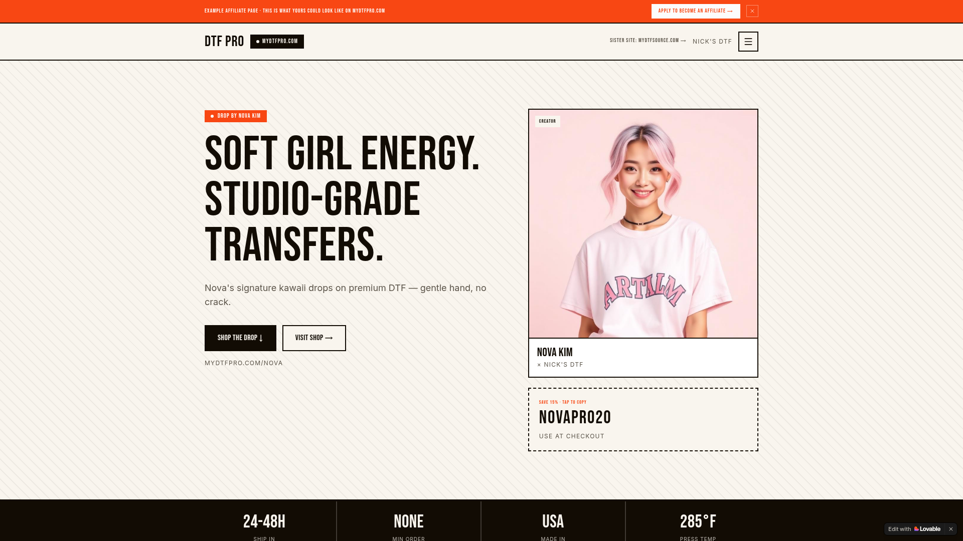 Screenshot of Nova Kim affiliate landing page